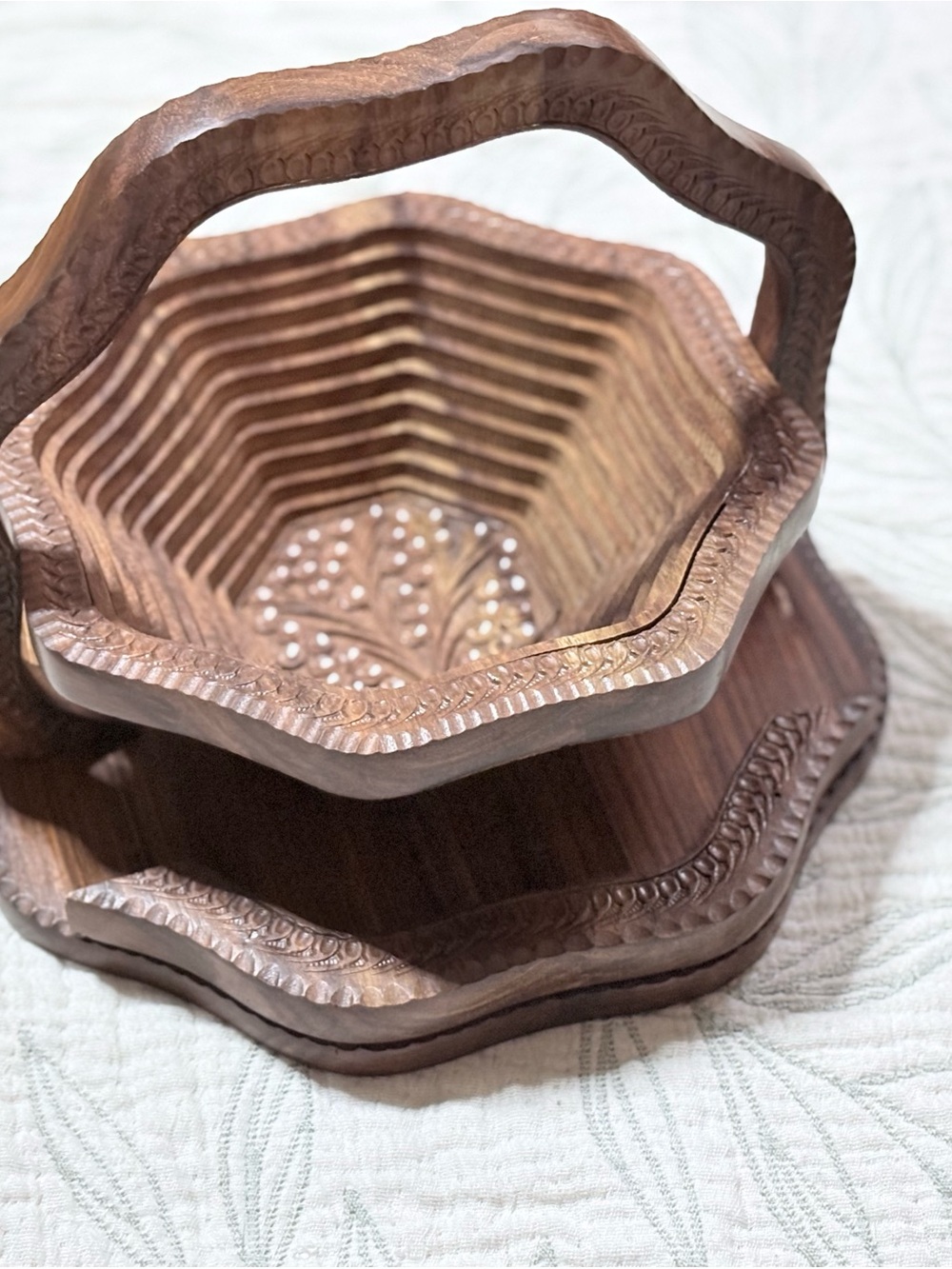 Vintage / Antique Hand-Carved Wooden Octagonal Basket SET OF 2